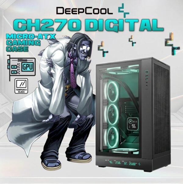 DeepCool CH270 DIGITAL Micro-ATX Gaming Case – Tempered Glass Side Panel, Digital Display Base, High Airflow Mesh, 413mm GPU Support, USB 3.0 & Gen2 Type-C | BLACK