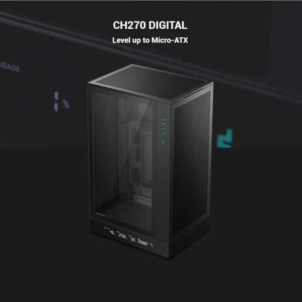DeepCool CH270 DIGITAL Micro-ATX Gaming Case – Tempered Glass Side Panel, Digital Display Base, High Airflow Mesh, 413mm GPU Support, USB 3.0 & Gen2 Type-C | BLACK