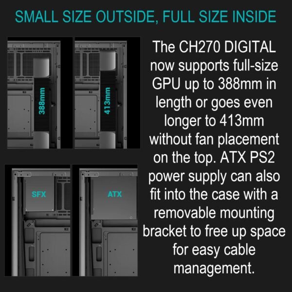 DeepCool CH270 DIGITAL Micro-ATX Gaming Case – Tempered Glass Side Panel, Digital Display Base, High Airflow Mesh, 413mm GPU Support, USB 3.0 & Gen2 Type-C | BLACK