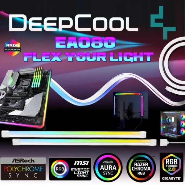 2025/12/1000380399-1.jpg DeepCool EA080 ARGB Light Strip Kit With 2×400mm Flexible SMD3535 LED Strips, 30×2 LEDs, Diffused Silicone Design, Sync Support, Mounting Clips, And 3M Adhesive | WHITE