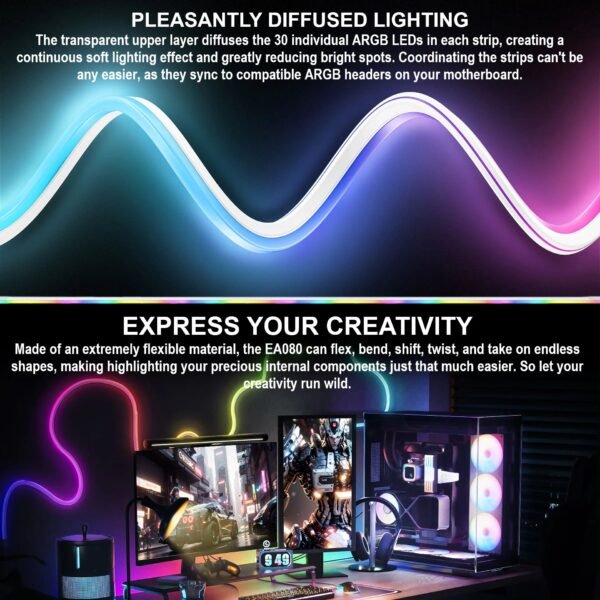 2025/12/1000380401.jpg DeepCool EA080 ARGB Light Strip Kit With 2×400mm Flexible SMD3535 LED Strips, 30×2 LEDs, Diffused Silicone Design, Sync Support, Mounting Clips, And 3M Adhesive | WHITE