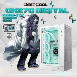 DeepCool CH270 DIGITAL WH Micro-ATX Gaming Case – Tempered Glass Side Panel, Digital Display Base, High Airflow Mesh, 413mm GPU Support, USB 3.0 & Gen2 Type-C | WHITE