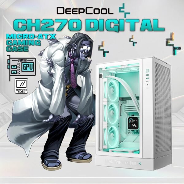 2025/12/1000381183.jpg DeepCool CH270 DIGITAL WH Micro-ATX Gaming Case – Tempered Glass Side Panel, Digital Display Base, High Airflow Mesh, 413mm GPU Support, USB 3.0 & Gen2 Type-C | WHITE