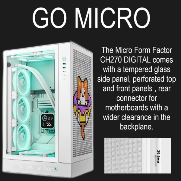 2025/12/1000381185.jpg DeepCool CH270 DIGITAL WH Micro-ATX Gaming Case – Tempered Glass Side Panel, Digital Display Base, High Airflow Mesh, 413mm GPU Support, USB 3.0 & Gen2 Type-C | WHITE