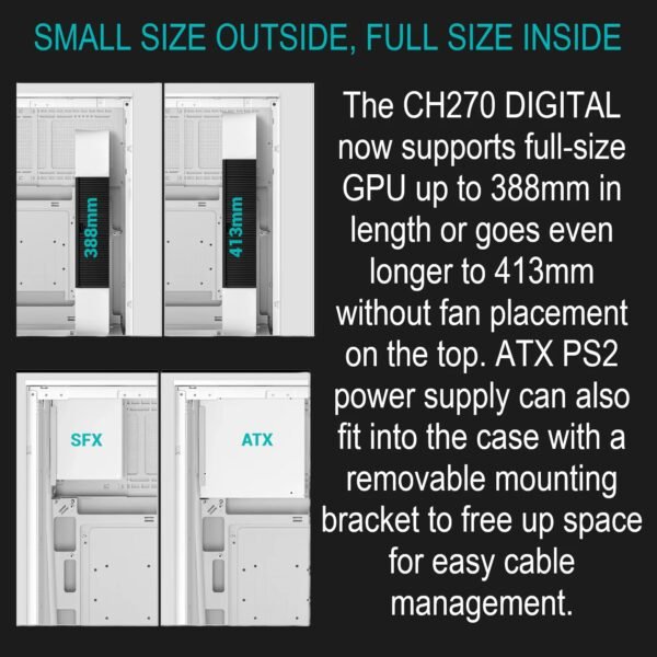 2025/12/1000381186.jpg DeepCool CH270 DIGITAL WH Micro-ATX Gaming Case – Tempered Glass Side Panel, Digital Display Base, High Airflow Mesh, 413mm GPU Support, USB 3.0 & Gen2 Type-C | WHITE