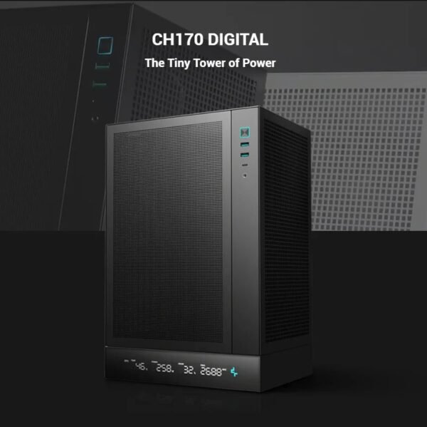 DeepCool CH170 DIGITAL ITX Case – High Airflow Mesh Panels, Digital Display Base, ATX/SFX PSU Support, 305mm GPU Clearance, Tempered Glass, USB 3.0 & Gen2 Type-C | BLACK