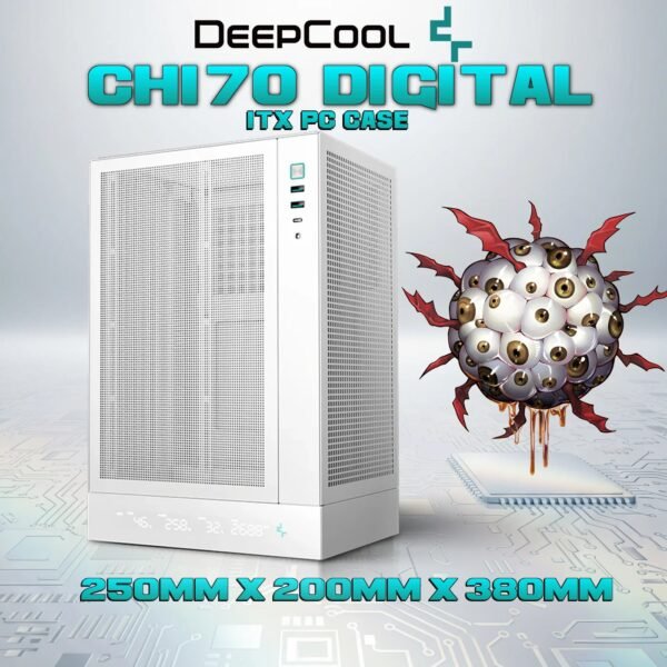 DeepCool CH170 DIGITAL WH ITX Case – High Airflow Mesh Panels, Digital Display Base, ATX/SFX PSU Support, 305mm GPU Clearance, Tempered Glass, USB 3.0 & Gen2 Type-C | WHITE