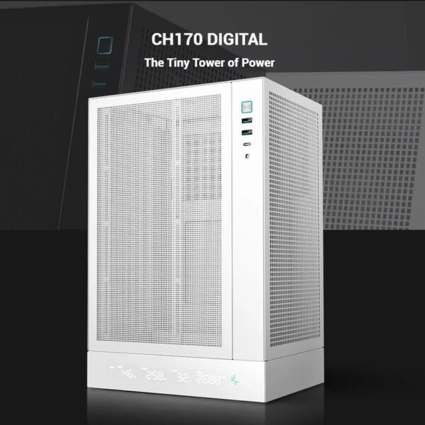DeepCool CH170 DIGITAL WH ITX Case – High Airflow Mesh Panels, Digital Display Base, ATX/SFX PSU Support, 305mm GPU Clearance, Tempered Glass, USB 3.0 & Gen2 Type-C | WHITE
