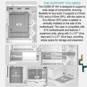 DeepCool CG580 4F WH Mid-Tower Case With 4 ARGB Fans, 270° Panoramic Glass Panels, 360mm Radiator Support, USB-C, ATX Compatibility, GPU Up To 410mm, PSU 210mm, 7 Slots | WHITE