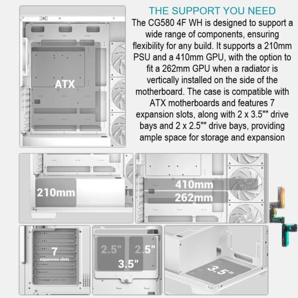 DeepCool CG580 4F WH Mid-Tower Case With 4 ARGB Fans, 270° Panoramic Glass Panels, 360mm Radiator Support, USB-C, ATX Compatibility, GPU Up To 410mm, PSU 210mm, 7 Slots | WHITE