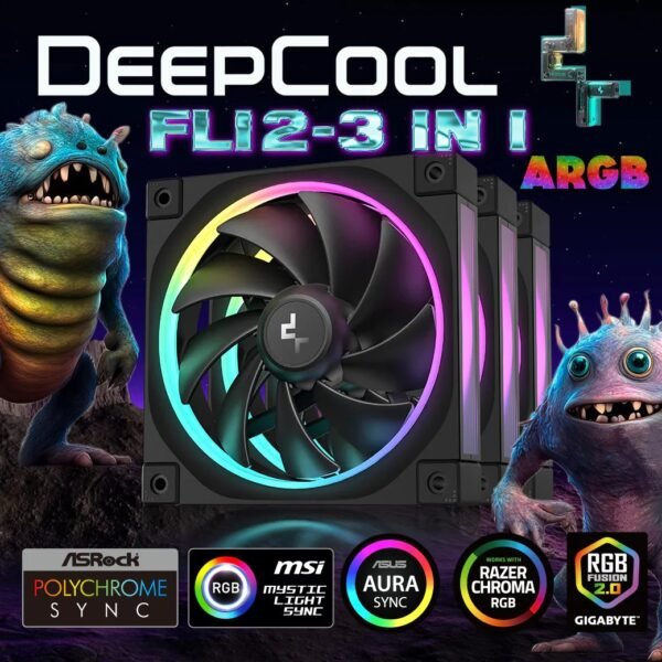 2025/12/1000381211.jpg DeepCool FL12-3 IN 1 ARGB PWM Fan Kit, 120mm x3, 500–2150 RPM, 55 CFM, ≤32 dB, Fluid Dynamic Bearing, 36 Gen2 LEDs, PBT Frame, 8-Pin Daisy Chain, Anti-Vibration Pads | BLACK