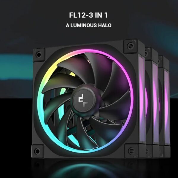 2025/12/1000381212.jpg DeepCool FL12-3 IN 1 ARGB PWM Fan Kit, 120mm x3, 500–2150 RPM, 55 CFM, ≤32 dB, Fluid Dynamic Bearing, 36 Gen2 LEDs, PBT Frame, 8-Pin Daisy Chain, Anti-Vibration Pads | BLACK
