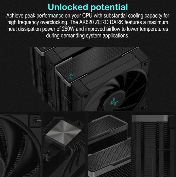 2025/12/1000381225.jpg DeepCool Ak620 Zero Dark Dual-Tower CPU Cooler with 6 Copper Heatpipes , 120mm Fdb Fans , 500-1850 Rpm , 68.99 Cfm, 260w Max Dissipation , Intel LGA AMD AM5/AM4 Sockets | BLACK