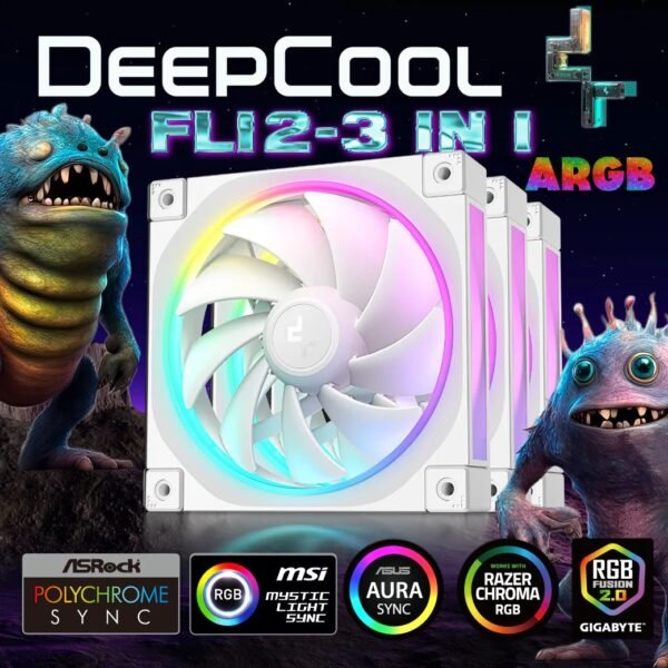 2025/12/1000381228.jpg DeepCool FL12 – 3 IN 1 ARGB PWM Fan Kit, 120mm x3, 500–2150 RPM, 55 CFM, ≤32 dB, Fluid Dynamic Bearing, 36 Gen2 LEDs, PBT Frame, 8-Pin Daisy Chain, Anti-Vibration Pads | WHITE