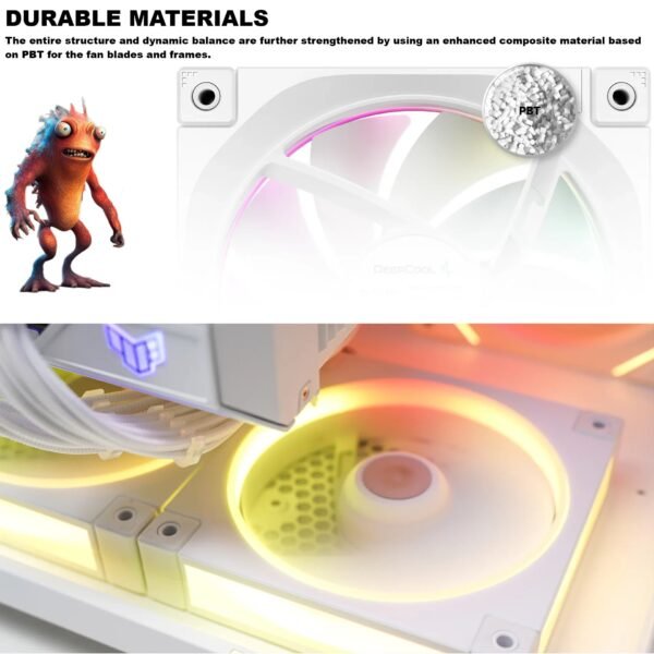 2025/12/1000381234.jpg DeepCool FL12 – 3 IN 1 ARGB PWM Fan Kit, 120mm x3, 500–2150 RPM, 55 CFM, ≤32 dB, Fluid Dynamic Bearing, 36 Gen2 LEDs, PBT Frame, 8-Pin Daisy Chain, Anti-Vibration Pads | WHITE