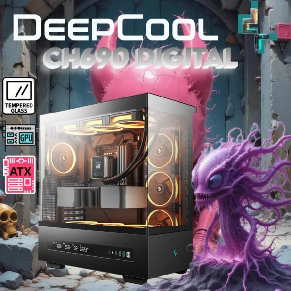 2025/12/1000381235.jpg DeepCool CH690 DIGITAL PC Case With Digital Display, Glass Panel, GPU Holder, USB-C, 450mm GPU, 420mm Radiator, ATX Support, 8 Slots, 3.5”+2.5” Drive Bays, Mesh Mod Option | BLACK