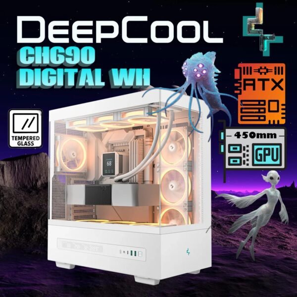 2025/12/1000381242-1.jpg DeepCool CH690 DIGITAL PC Case With Digital Display, Glass Panel, GPU Holder, USB-C, 450mm GPU, 420mm Radiator, ATX Support, 8 Slots, 3.5”+2.5” Drive Bays, Mesh Mod Option | WHITE