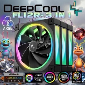 DeepCool FL12R 120mm 3 Fans ARGB Reverse Blade , 500–2150 RPM, 55 CFM, ≤33.9 dB, Fluid Dynamic Bearing, Gen2 LEDs, PWM + ARGB Sync 8-Pin, Anti-Vibration, Durable PBT Frame | BLACK