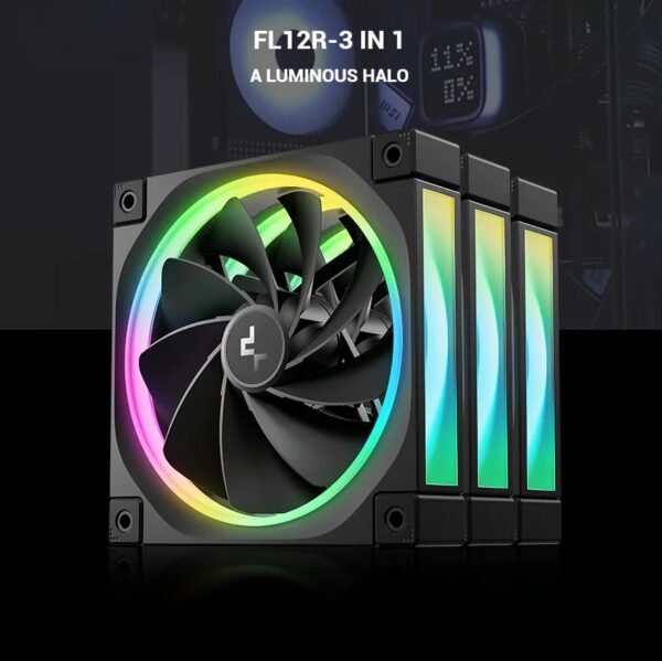 DeepCool FL12R 120mm 3 Fans ARGB Reverse Blade , 500–2150 RPM, 55 CFM, ≤33.9 dB, Fluid Dynamic Bearing, Gen2 LEDs, PWM + ARGB Sync 8-Pin, Anti-Vibration, Durable PBT Frame | BLACK