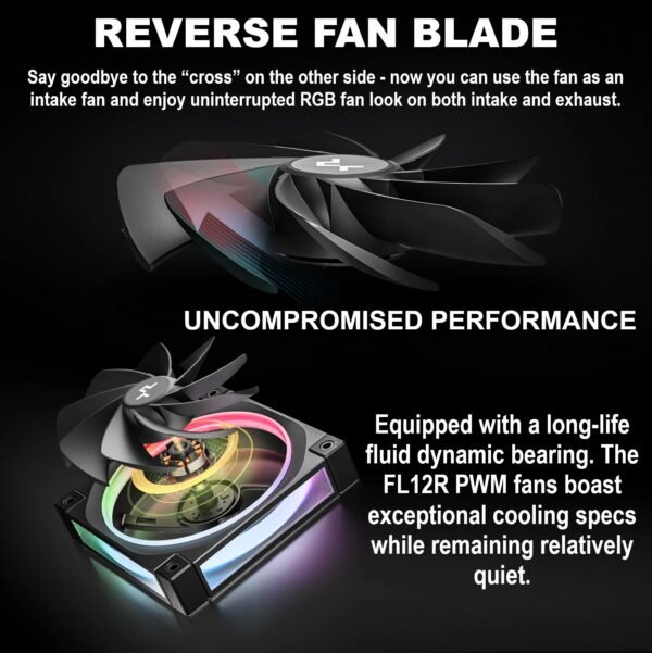 DeepCool FL12R 120mm 3 Fans ARGB Reverse Blade , 500–2150 RPM, 55 CFM, ≤33.9 dB, Fluid Dynamic Bearing, Gen2 LEDs, PWM + ARGB Sync 8-Pin, Anti-Vibration, Durable PBT Frame | BLACK