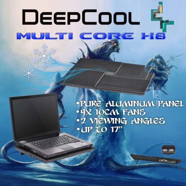 2025/12/1000381262.jpg DeepCool MULTI CORE X8 Laptop Cooler With 4×100mm Fans, Aluminum Panel, Multi-Core Control, 53.4 CFM, 23 dB, USB Hub, Anti-Slip Feet, Up To 17-Inch Laptops, Dual Viewing Angles | BLACK