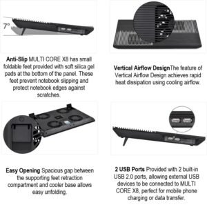 2025/12/1000381265.jpg DeepCool MULTI CORE X8 Laptop Cooler With 4×100mm Fans, Aluminum Panel, Multi-Core Control, 53.4 CFM, 23 dB, USB Hub, Anti-Slip Feet, Up To 17-Inch Laptops, Dual Viewing Angles | BLACK