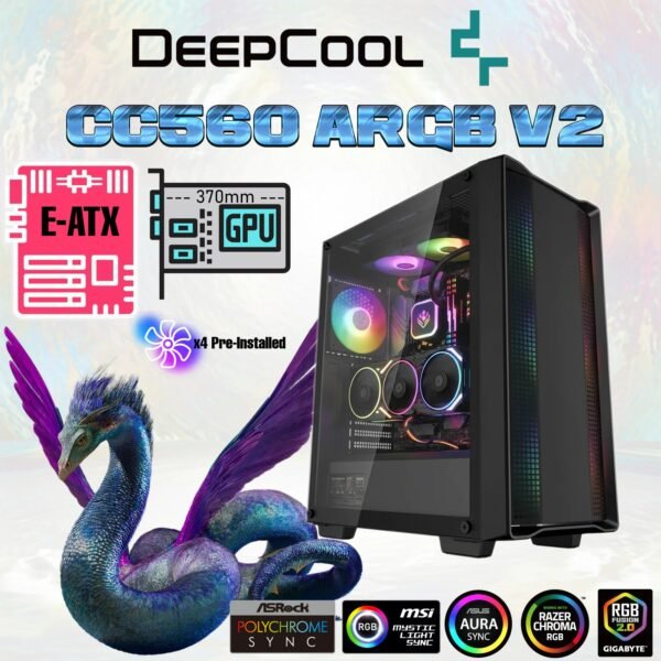 2025/12/1000381267.jpg DeepCool CC560 ARGB V2 E-ATX Mid-Tower Case | 4 Pre-Installed ARGB PWM Fans | Airflow Front Panel | Tempered Glass | 360mm Radiator Support , Up to 370mm GPU | up to E-ATX Support | Black