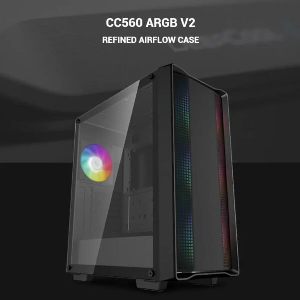 2025/12/1000381268-1.jpg DeepCool CC560 ARGB V2 E-ATX Mid-Tower Case | 4 Pre-Installed ARGB PWM Fans | Airflow Front Panel | Tempered Glass | 360mm Radiator Support , Up to 370mm GPU | up to E-ATX Support | Black