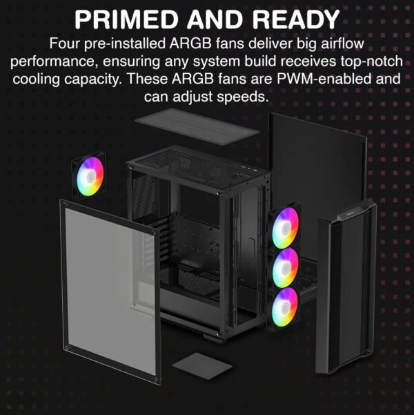 2025/12/1000381270.jpg DeepCool CC560 ARGB V2 E-ATX Mid-Tower Case | 4 Pre-Installed ARGB PWM Fans | Airflow Front Panel | Tempered Glass | 360mm Radiator Support , Up to 370mm GPU | up to E-ATX Support | Black