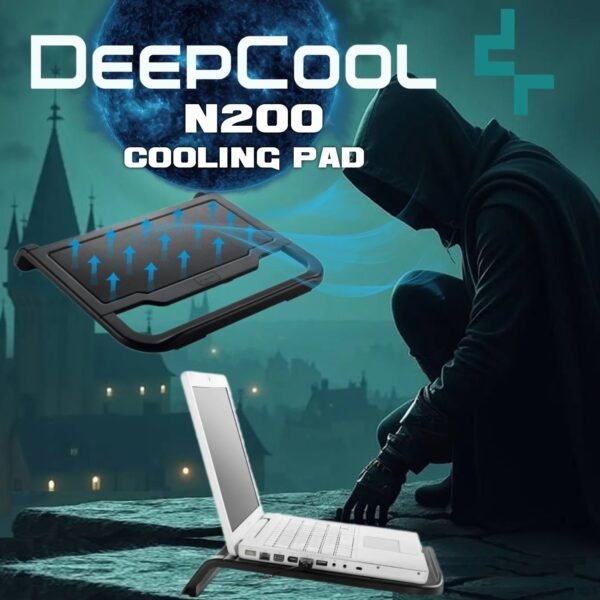 DeepCool N200 Laptop Cooler Black With 120mm Silent Fan, Aluminum Mesh Panel, Anti-Slip Bar, USB Passthrough, And Hydro Bearing For Efficient Cooling for Laptops up to 15.6 inches | BLACK