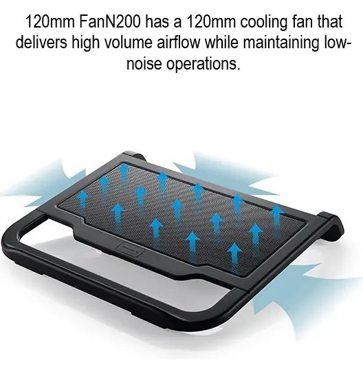 DeepCool N200 Laptop Cooler Black With 120mm Silent Fan, Aluminum Mesh Panel, Anti-Slip Bar, USB Passthrough, And Hydro Bearing For Efficient Cooling for Laptops up to 15.6 inches | BLACK