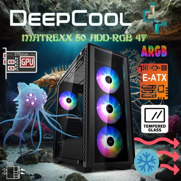 2025/12/1000381325.jpg DeepCool Matrexx 50 ADD-RGB 4F Mid-Tower ATX Case With 4 A-RGB Fans, Dual Tempered Glass, 360mm Radiator Support, E-ATX Compatibility, PSU Shroud, Up To 370 mm GPU , 170 mm Max PSU ,USB 3.0 | BLACK