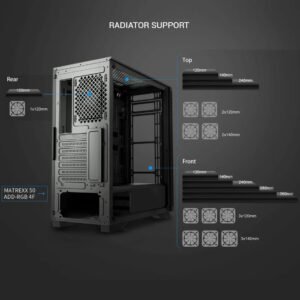 2025/12/1000381330.jpg DeepCool Matrexx 50 ADD-RGB 4F Mid-Tower ATX Case With 4 A-RGB Fans, Dual Tempered Glass, 360mm Radiator Support, E-ATX Compatibility, PSU Shroud, Up To 370 mm GPU , 170 mm Max PSU ,USB 3.0 | BLACK