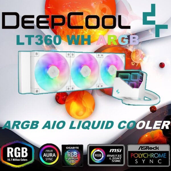 2025/12/1000381331.jpg DeepCool LT360 WH ARGB AIO WHITE LIQUID COOLER : Infinity Mirror Frosty Cube with Copper Coldplate – 3400 RPM 5th Generation Water Pump – 3x 120mm ARGB PWM Fans – Intel and AMD Compatibility | WHITE