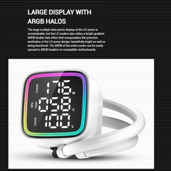 DeepCool LD360 WH ARGB AIO WHITE LIQUID COOLER : Large Display with ARGB Halos for CPU Status ,  3x ARGB PWM Fans , 5th Generation High-Performance Pump up to 3400 RPM , Pre-applied Thermal Paste | WHITE