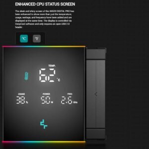 DEEPCOOL AK620 DIGITAL PRO CPU ARGB Air Cooler : Temperature Alerts Digital Display ; ARGB Strips ; 60.89 CFM up to 1750 RPM ; 120mm Silent PWM Fan ; 6 Advanced Copper Heat Pipes ; Dual-tower Heatsink | BLACK