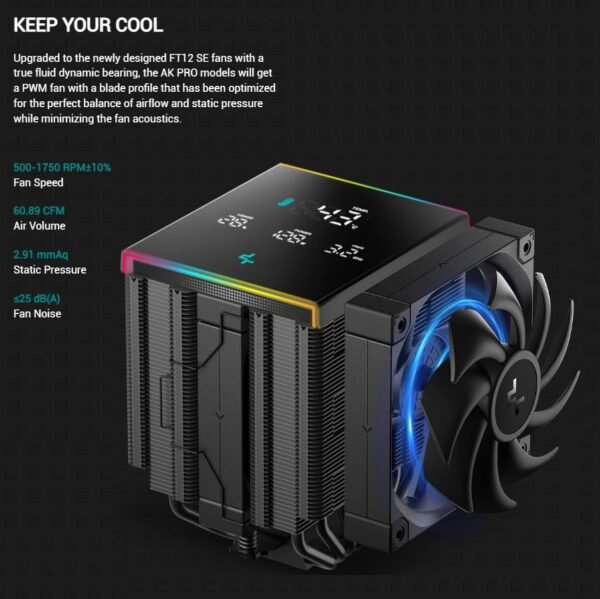 DEEPCOOL AK620 DIGITAL PRO CPU ARGB Air Cooler : Temperature Alerts Digital Display ; ARGB Strips ; 60.89 CFM up to 1750 RPM ; 120mm Silent PWM Fan ; 6 Advanced Copper Heat Pipes ; Dual-tower Heatsink | BLACK