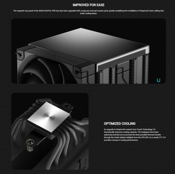 DEEPCOOL AK620 DIGITAL PRO CPU ARGB Air Cooler : Temperature Alerts Digital Display ; ARGB Strips ; 60.89 CFM up to 1750 RPM ; 120mm Silent PWM Fan ; 6 Advanced Copper Heat Pipes ; Dual-tower Heatsink | BLACK