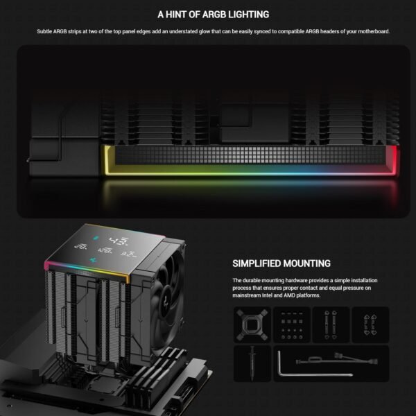 DEEPCOOL AK620 DIGITAL PRO CPU ARGB Air Cooler : Temperature Alerts Digital Display ; ARGB Strips ; 60.89 CFM up to 1750 RPM ; 120mm Silent PWM Fan ; 6 Advanced Copper Heat Pipes ; Dual-tower Heatsink | BLACK