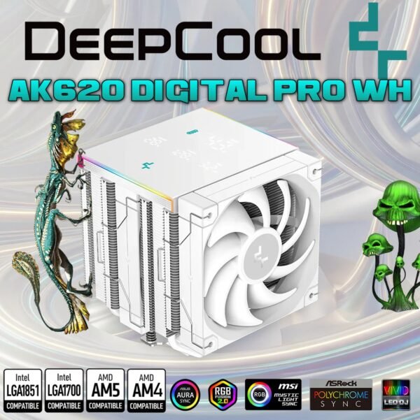 DEEPCOOL AK620 DIGITAL PRO WH Dual Tower ARGB CPU Air Cooler With Digital Screen : Temperature Alerts Digital Display ; ARGB Strips ; 60.89 CFM up to 1750 RPM ; 120mm Silent PWM Fan ; 6 Advanced Copper Heat Pipes ; Core Touch 2.0 | WHITE
