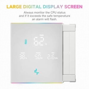 DEEPCOOL AK620 DIGITAL PRO WH Dual Tower ARGB CPU Air Cooler With Digital Screen : Temperature Alerts Digital Display ; ARGB Strips ; 60.89 CFM up to 1750 RPM ; 120mm Silent PWM Fan ; 6 Advanced Copper Heat Pipes ; Core Touch 2.0 | WHITE