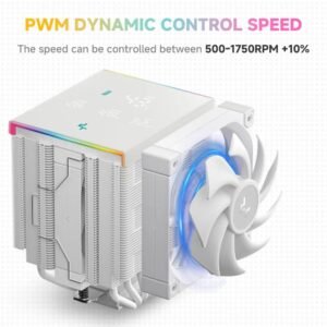 DEEPCOOL AK620 DIGITAL PRO WH Dual Tower ARGB CPU Air Cooler With Digital Screen : Temperature Alerts Digital Display ; ARGB Strips ; 60.89 CFM up to 1750 RPM ; 120mm Silent PWM Fan ; 6 Advanced Copper Heat Pipes ; Core Touch 2.0 | WHITE