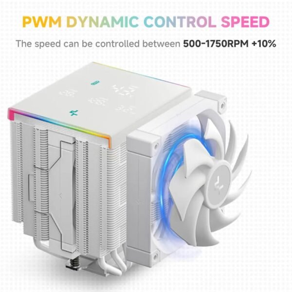 DEEPCOOL AK620 DIGITAL PRO WH Dual Tower ARGB CPU Air Cooler With Digital Screen : Temperature Alerts Digital Display ; ARGB Strips ; 60.89 CFM up to 1750 RPM ; 120mm Silent PWM Fan ; 6 Advanced Copper Heat Pipes ; Core Touch 2.0 | WHITE