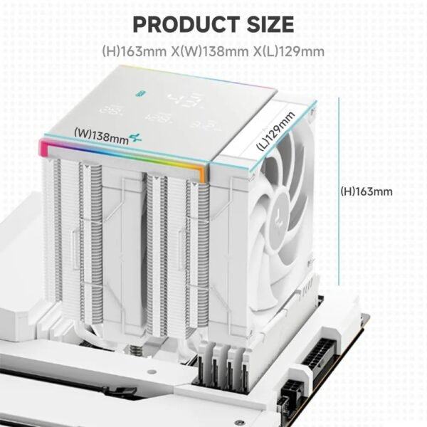 DEEPCOOL AK620 DIGITAL PRO WH Dual Tower ARGB CPU Air Cooler With Digital Screen : Temperature Alerts Digital Display ; ARGB Strips ; 60.89 CFM up to 1750 RPM ; 120mm Silent PWM Fan ; 6 Advanced Copper Heat Pipes ; Core Touch 2.0 | WHITE