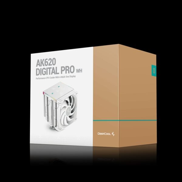 DEEPCOOL AK620 DIGITAL PRO WH Dual Tower ARGB CPU Air Cooler With Digital Screen : Temperature Alerts Digital Display ; ARGB Strips ; 60.89 CFM up to 1750 RPM ; 120mm Silent PWM Fan ; 6 Advanced Copper Heat Pipes ; Core Touch 2.0 | WHITE