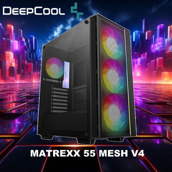 DeepCool MATREXX 55 V4 MESH ATX Gaming Case : Supports Mini-ITX / Micro-ATX / ATX Motherboards ; Build-in Front LED Strip + ARGB PWM Fans 3x 140mm & 1x 120mm ; up to 370mm GPU  ; USB3.0×2 , Audio×1 Front I/O Ports | BLACK R-MATREXX55-BKAGA4