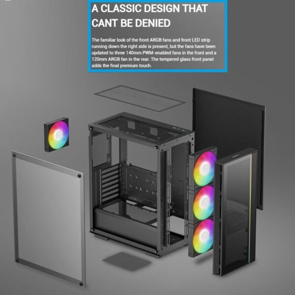 DeepCool MATREXX 55 V4 MESH ATX Gaming Case : Supports Mini-ITX / Micro-ATX / ATX Motherboards ; Build-in Front LED Strip + ARGB PWM Fans 3x 140mm & 1x 120mm ; up to 370mm GPU  ; USB3.0×2 , Audio×1 Front I/O Ports | BLACK R-MATREXX55-BKAGA4