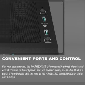 DeepCool MATREXX 55 V4 MESH ATX Gaming Case : Supports Mini-ITX / Micro-ATX / ATX Motherboards ; Build-in Front LED Strip + ARGB PWM Fans 3x 140mm & 1x 120mm ; up to 370mm GPU  ; USB3.0×2 , Audio×1 Front I/O Ports | BLACK R-MATREXX55-BKAGA4