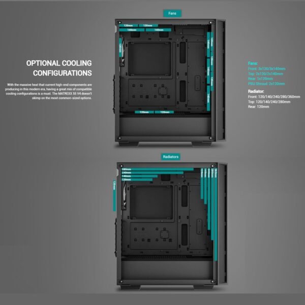 DeepCool MATREXX 55 V4 MESH ATX Gaming Case : Supports Mini-ITX / Micro-ATX / ATX Motherboards ; Build-in Front LED Strip + ARGB PWM Fans 3x 140mm & 1x 120mm ; up to 370mm GPU  ; USB3.0×2 , Audio×1 Front I/O Ports | BLACK R-MATREXX55-BKAGA4