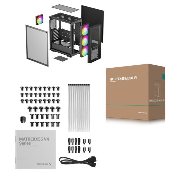 DeepCool MATREXX 55 V4 MESH ATX Gaming Case : Supports Mini-ITX / Micro-ATX / ATX Motherboards ; Build-in Front LED Strip + ARGB PWM Fans 3x 140mm & 1x 120mm ; up to 370mm GPU  ; USB3.0×2 , Audio×1 Front I/O Ports | BLACK R-MATREXX55-BKAGA4